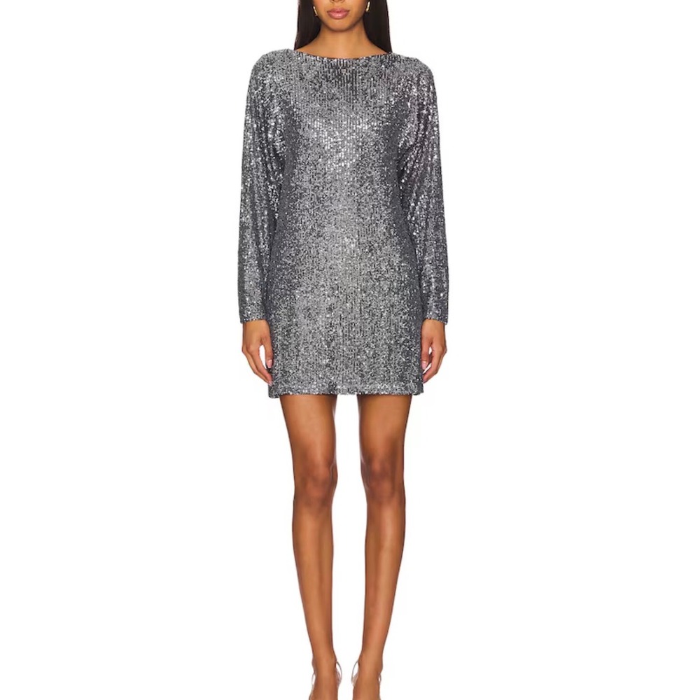 Parker & Rowe‎ Silver Sequin Long Sleeve Mini Shift Dress Womens Large NEW